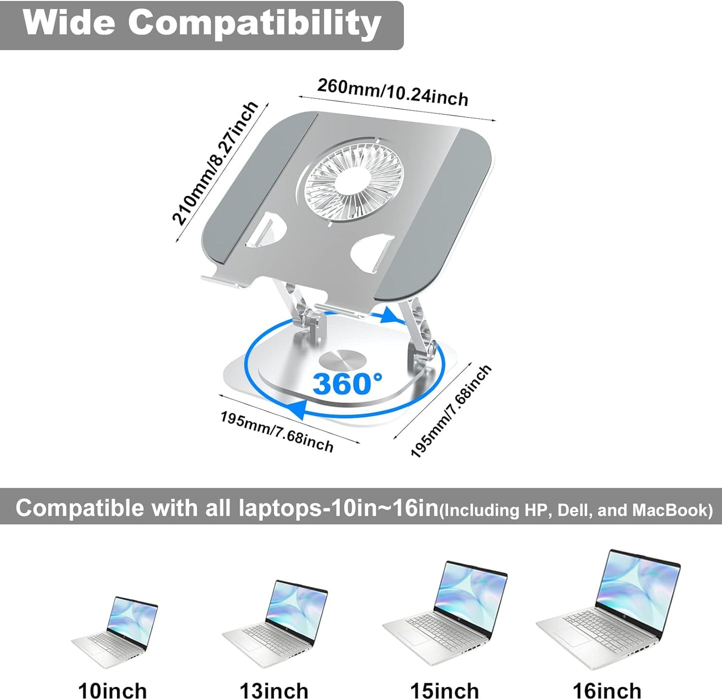Hsility Laptop Stand for Desk Ergonomic Aluminum Computer Stand Raiser Holder with Cooling Fan Adjustable Height 360° Rotatable