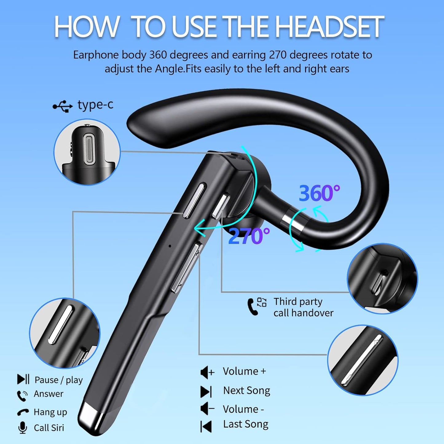 Hsility Bluetooth Headset for Cell Phones 500Hrs Standby Time with LED Charging Case 270 Degrees Rotatable Mic Hands Free Bluetooth 5.1 Version